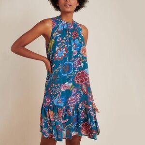 Anthropologie Natalie Flounced Dress Teal Floral Ruffle Trim Size M EUC